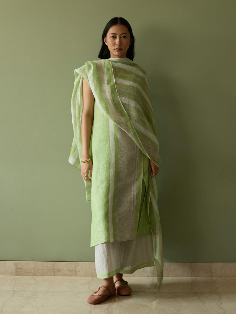 Yara Sleeveless Border Linen Kurta-Meadow linen by Manan in green color for women in Singapore
