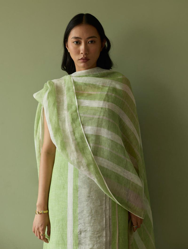 Yara Sleeveless Border Linen Kurta-Meadow linen by Manan in green color for women in Singapore