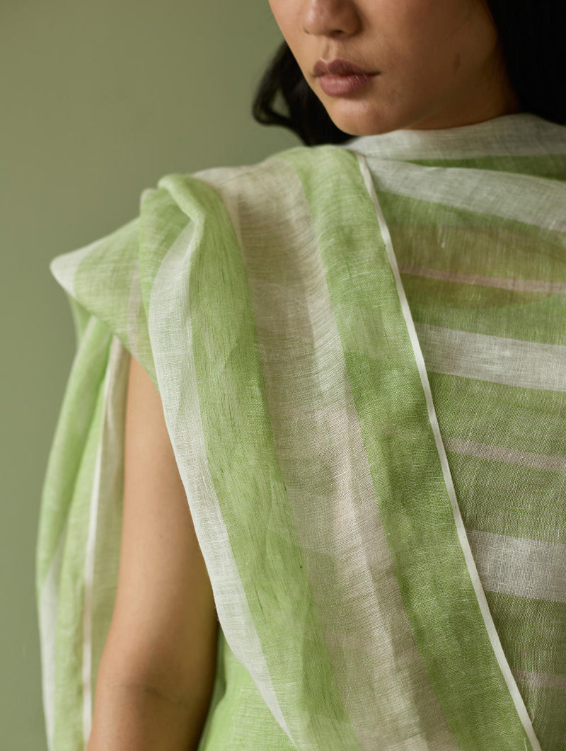 Yara Sleeveless Border Linen Kurta-Meadow linen by Manan in green color for women in Singapore