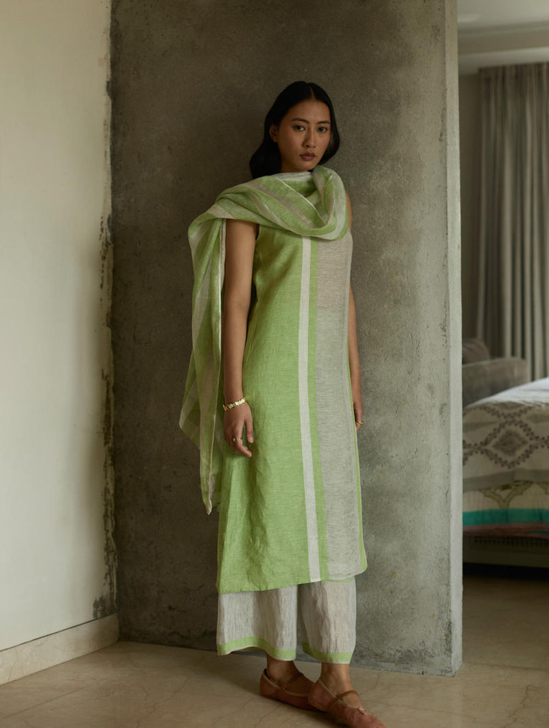 Yara Sleeveless Border Linen Kurta-Meadow linen by Manan in green color for women in Singapore