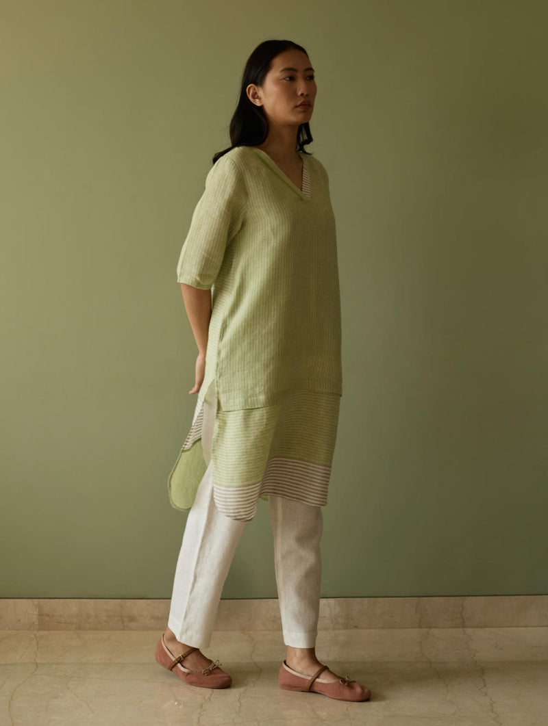 Jira Pleated Stripe Linen Kurta-Meadow linen by Manan in green color for women in Singapore
