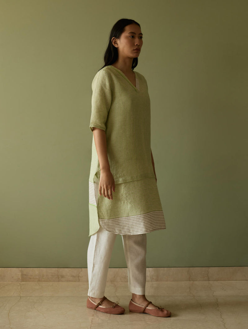 Jira Pleated Stripe Linen Kurta-Meadow linen by Manan in green color for women in Singapore
