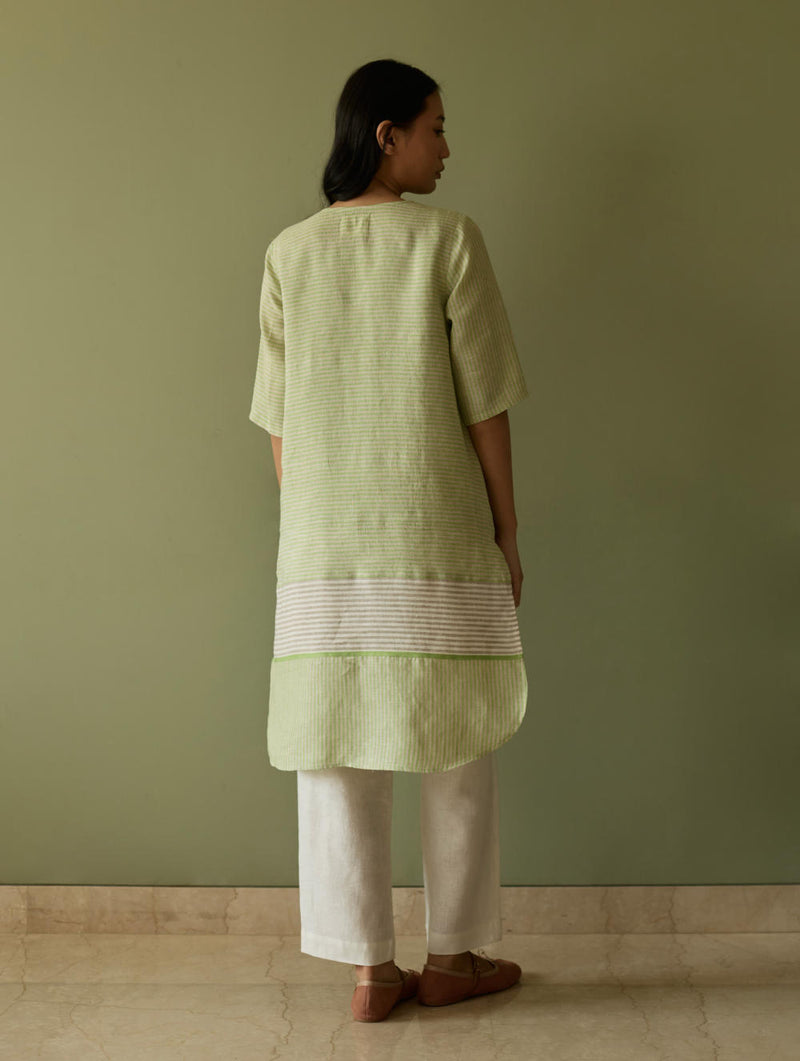 Jira Pleated Stripe Linen Kurta-Meadow linen by Manan in green color for women in Singapore