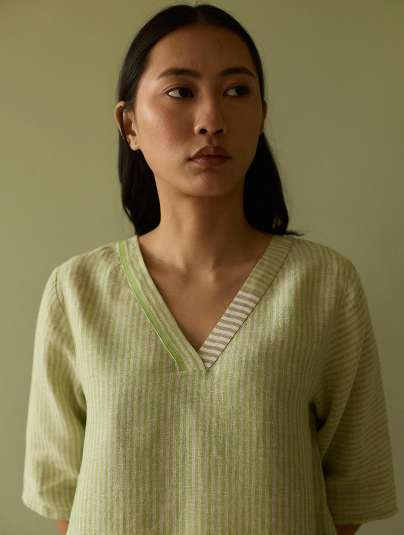 Jira Pleated Stripe Linen Kurta-Meadow linen by Manan in green color for women in Singapore