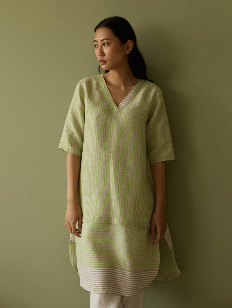 Jira Pleated Stripe Linen Kurta-Meadow linen by Manan in green color for women in Singapore