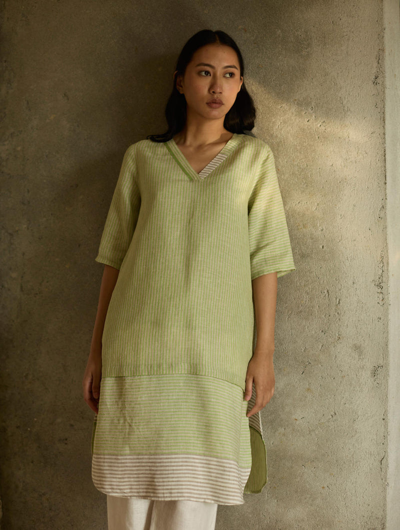 Jira Pleated Stripe Linen Kurta-Meadow linen by Manan in green color for women in Singapore