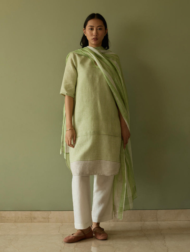 Jira Pleated Stripe Linen Kurta-Meadow linen by Manan in green color for women in Singapore