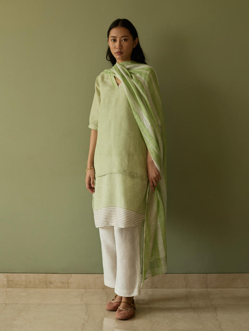 Jira Pleated Stripe Linen Kurta-Meadow linen by Manan in green color for women in Singapore
