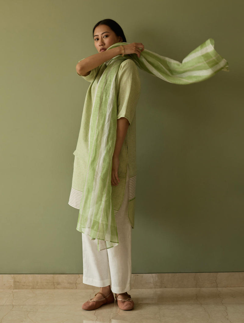 Jira Pleated Stripe Linen Kurta-Meadow linen by Manan in green color for women in Singapore