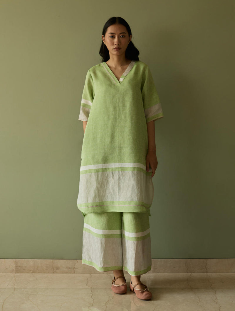 Iva Pleated Border Linen Kurta-Meadow linen by Manan in green color for women in Singapore