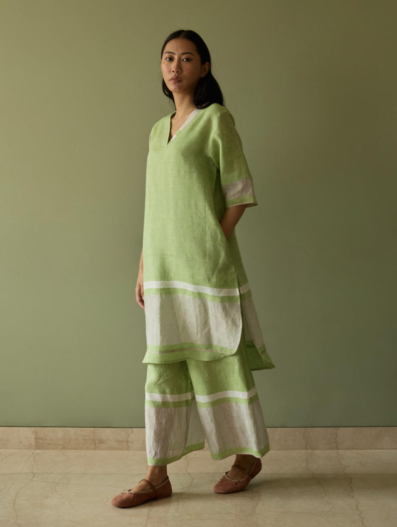 Iva Pleated Border Linen Kurta-Meadow linen by Manan in green color for women in Singapore