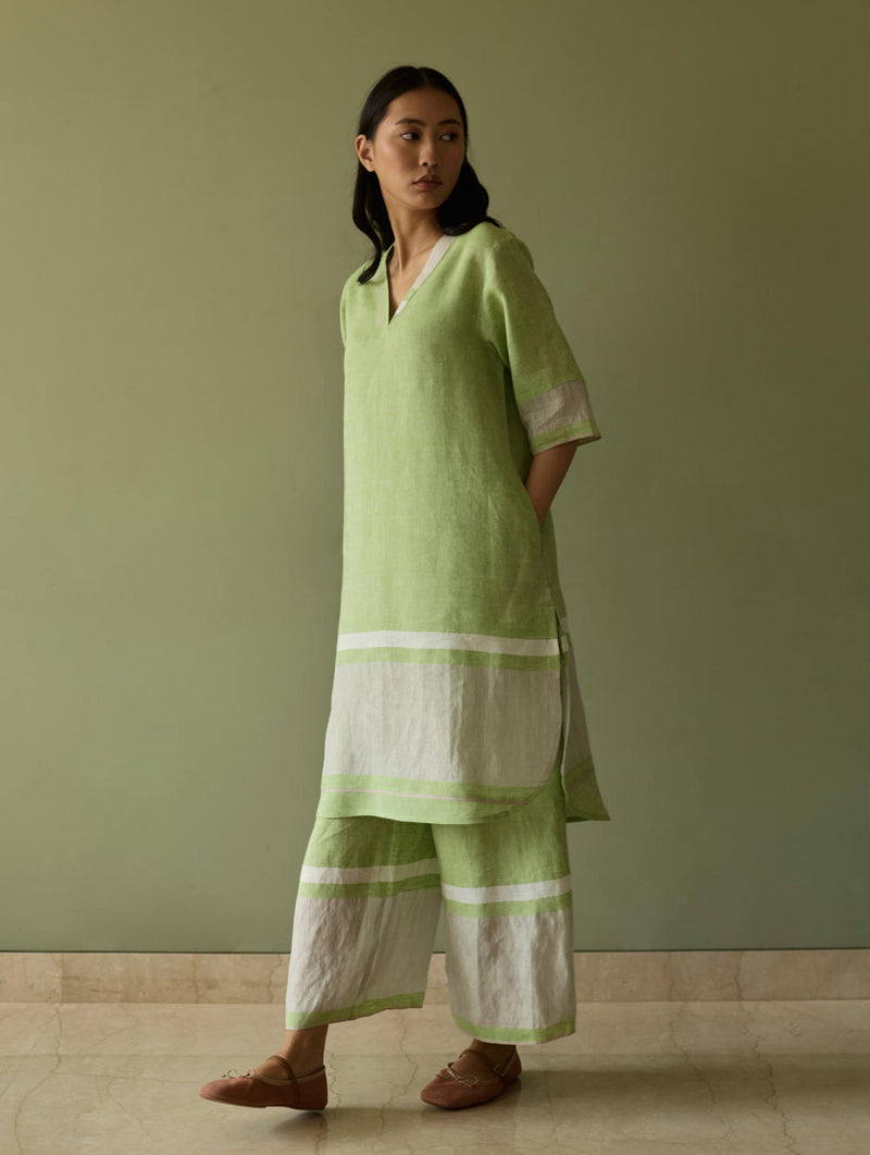 Iva Pleated Border Linen Kurta-Meadow linen by Manan in green color for women in Singapore