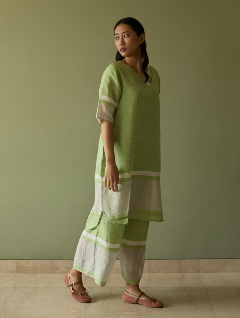Iva Pleated Border Linen Kurta-Meadow linen by Manan in green color for women in Singapore