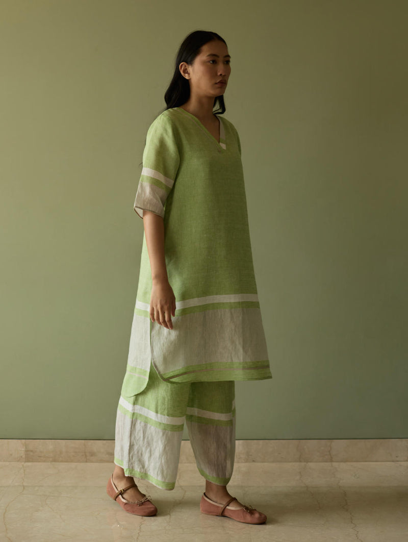 Iva Pleated Border Linen Kurta-Meadow linen by Manan in green color for women in Singapore