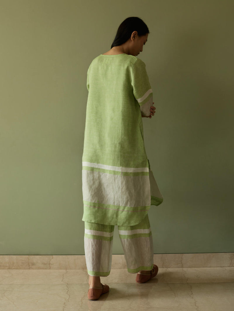 Iva Pleated Border Linen Kurta-Meadow linen by Manan in green color for women in Singapore