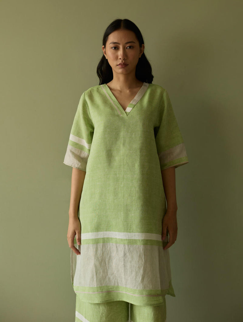 Iva Pleated Border Linen Kurta-Meadow linen by Manan in green color for women in Singapore