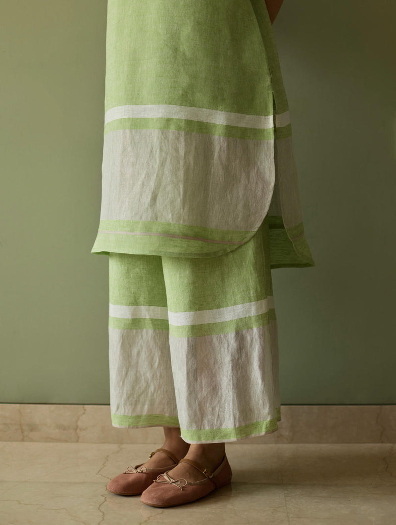 Iva Pleated Border Linen Kurta-Meadow linen by Manan in green color for women in Singapore
