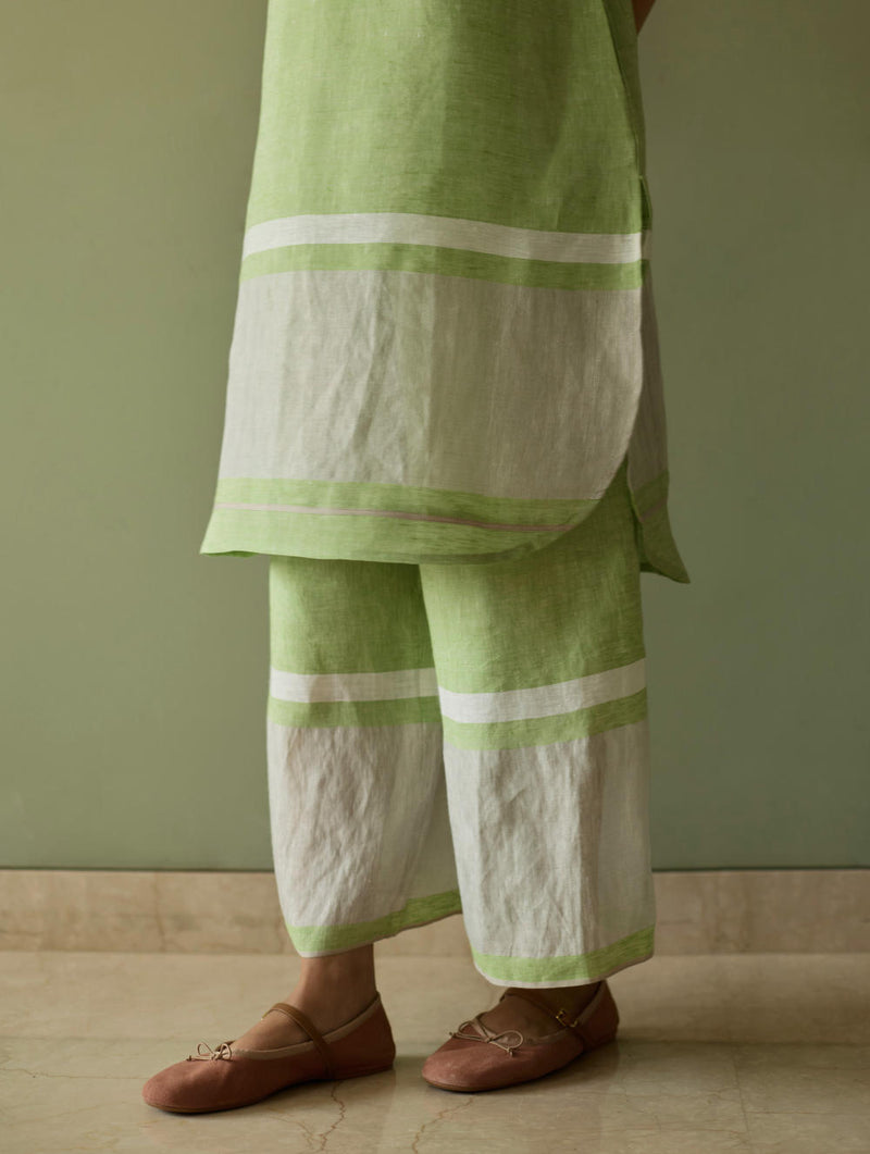 Iva Pleated Border Linen Kurta-Meadow linen by Manan in green color for women in Singapore