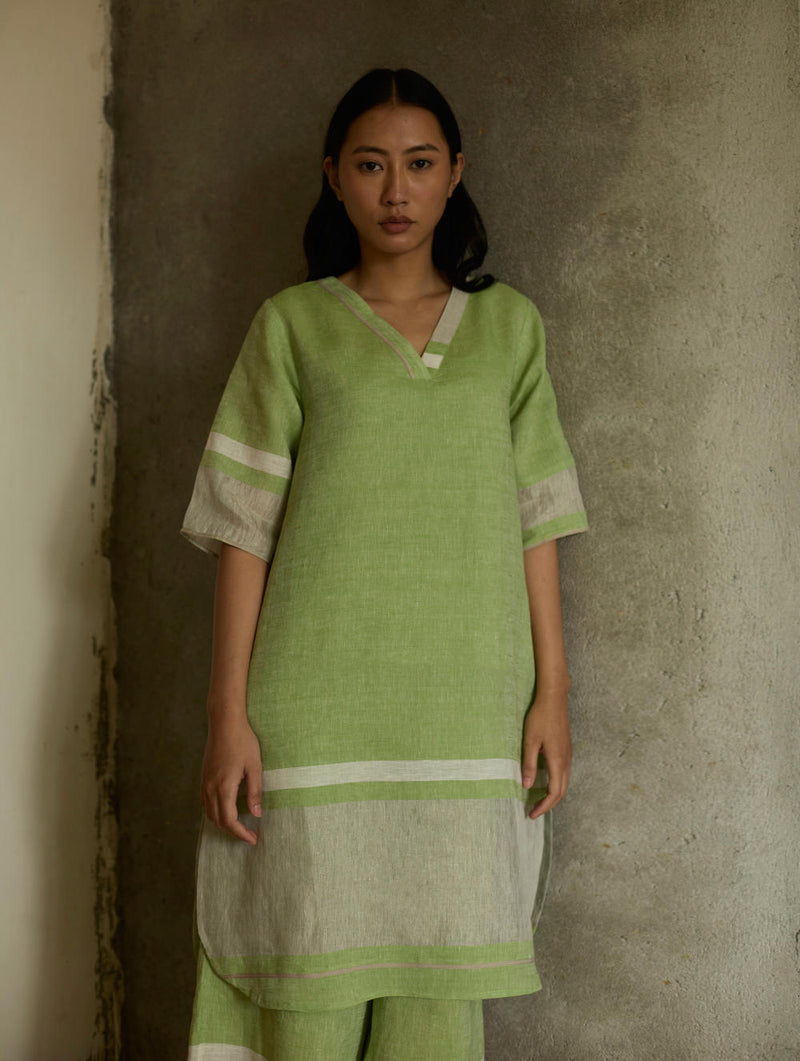 Iva Pleated Border Linen Kurta-Meadow linen by Manan in green color for women in Singapore