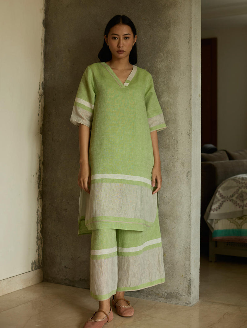 Iva Pleated Border Linen Kurta-Meadow linen by Manan in green color for women in Singapore