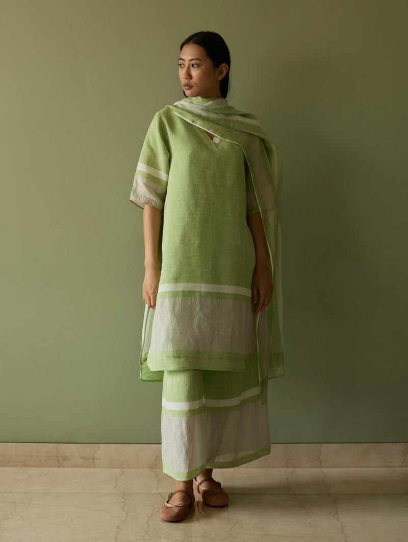 Iva Pleated Border Linen Kurta-Meadow linen by Manan in green color for women in Singapore