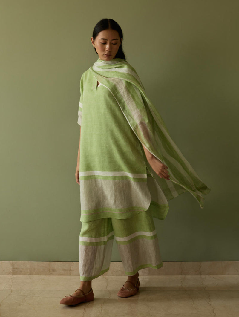 Iva Pleated Border Linen Kurta-Meadow linen by Manan in green color for women in Singapore