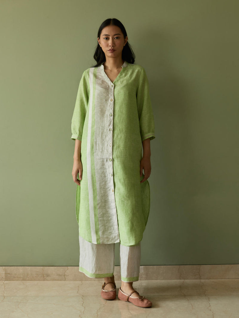 Mori Border Linen Shirt Kurta-Meadow linen by Manan in green color for women in Singapore