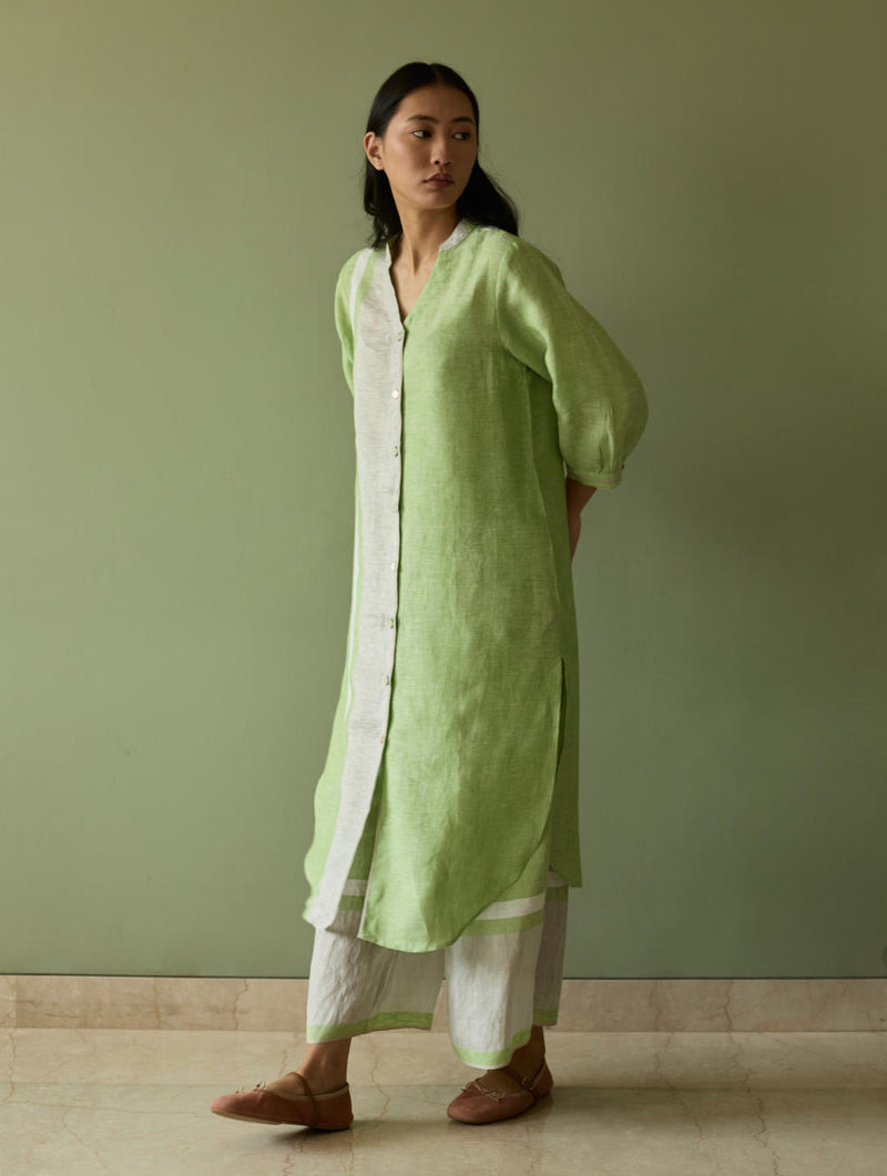 Mori Border Linen Shirt Kurta-Meadow linen by Manan in green color for women in Singapore