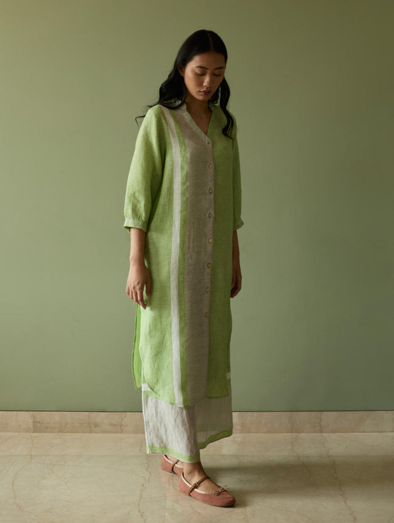 Mori Border Linen Shirt Kurta-Meadow linen by Manan in green color for women in Singapore