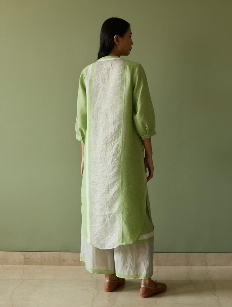 Mori Border Linen Shirt Kurta-Meadow linen by Manan in green color for women in Singapore