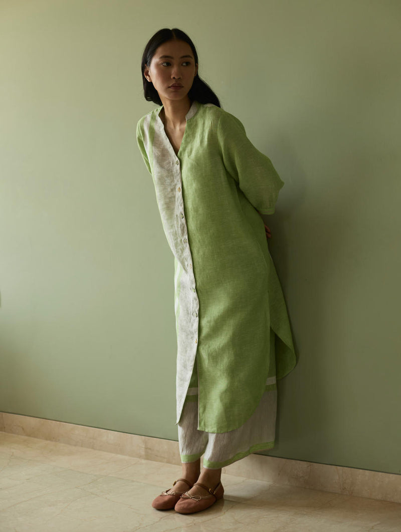 Mori Border Linen Shirt Kurta-Meadow linen by Manan in green color for women in Singapore
