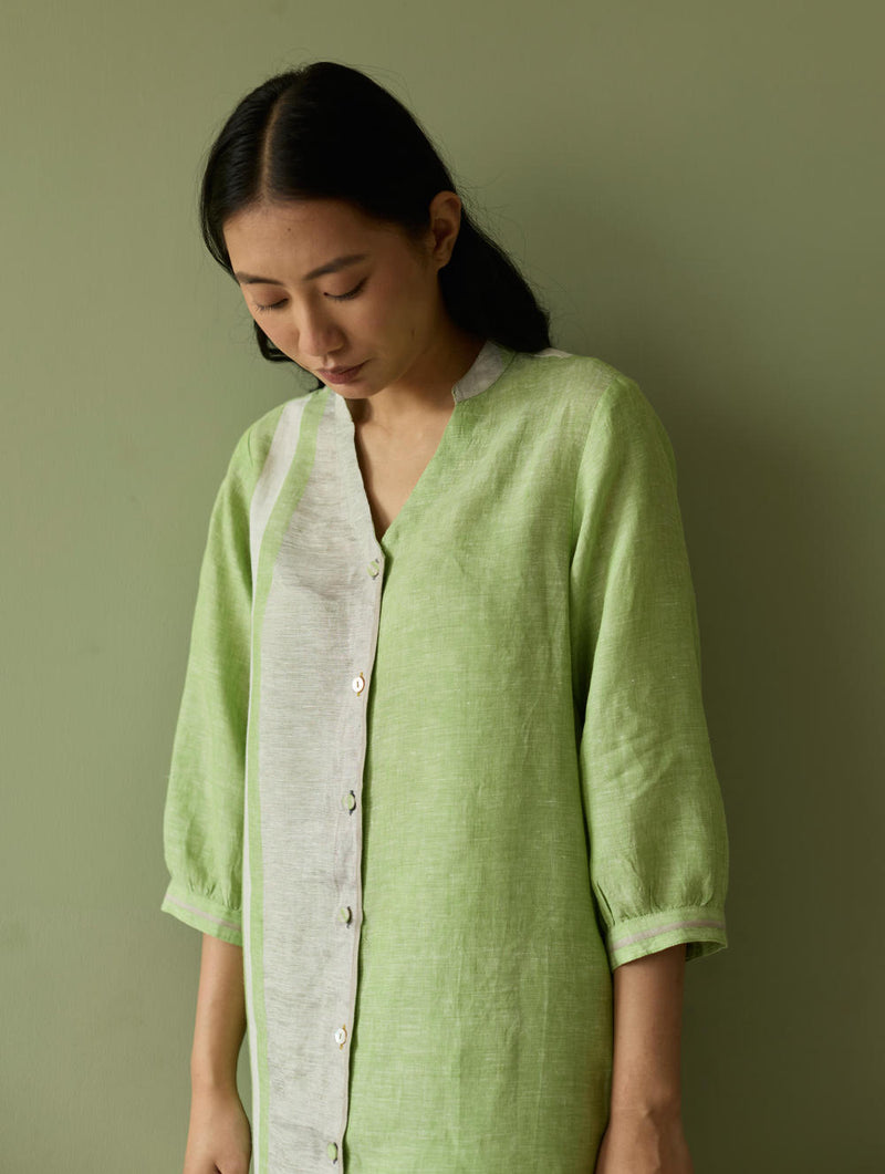 Mori Border Linen Shirt Kurta-Meadow linen by Manan in green color for women in Singapore