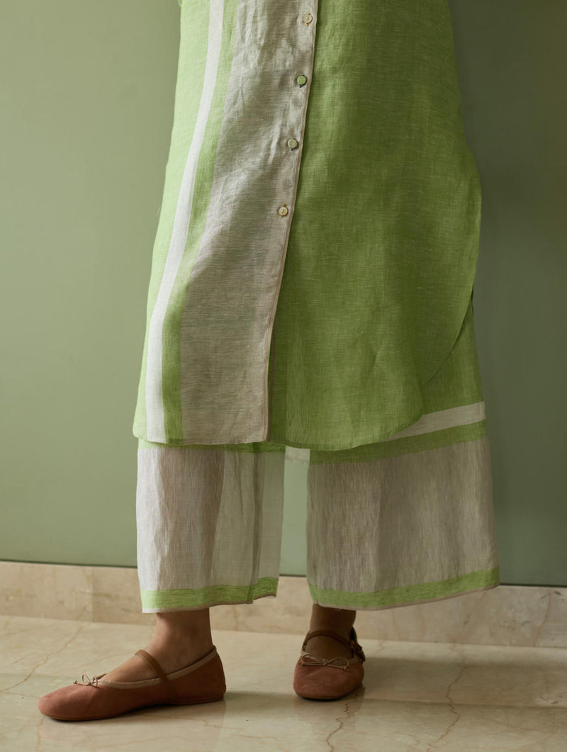 Mori Border Linen Shirt Kurta-Meadow linen by Manan in green color for women in Singapore