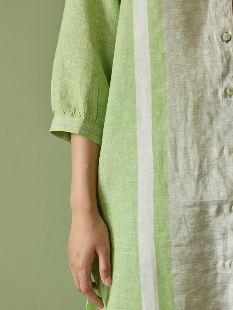 Mori Border Linen Shirt Kurta-Meadow linen by Manan in green color for women in Singapore
