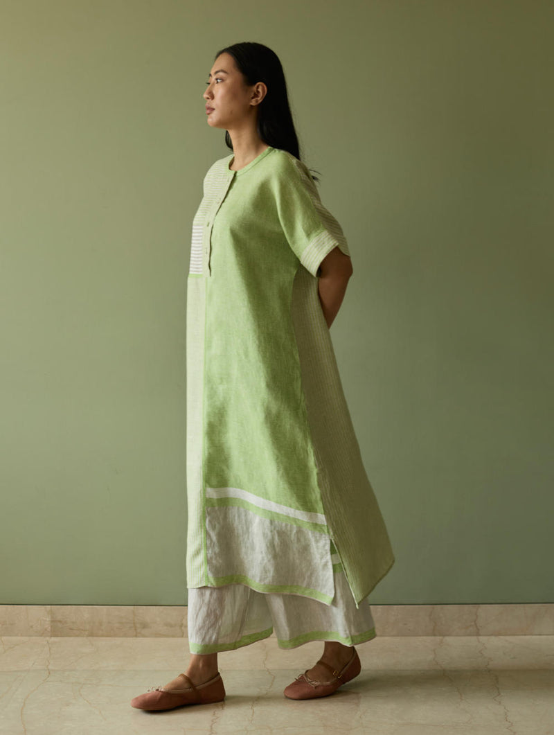 Pira Stripe Linen Tunic Kaftan-Meadow linen by Manan in green color for women in Singapore