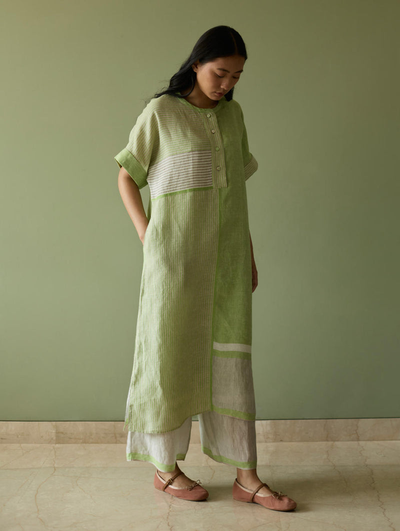 Pira Stripe Linen Tunic Kaftan-Meadow linen by Manan in green color for women in Singapore