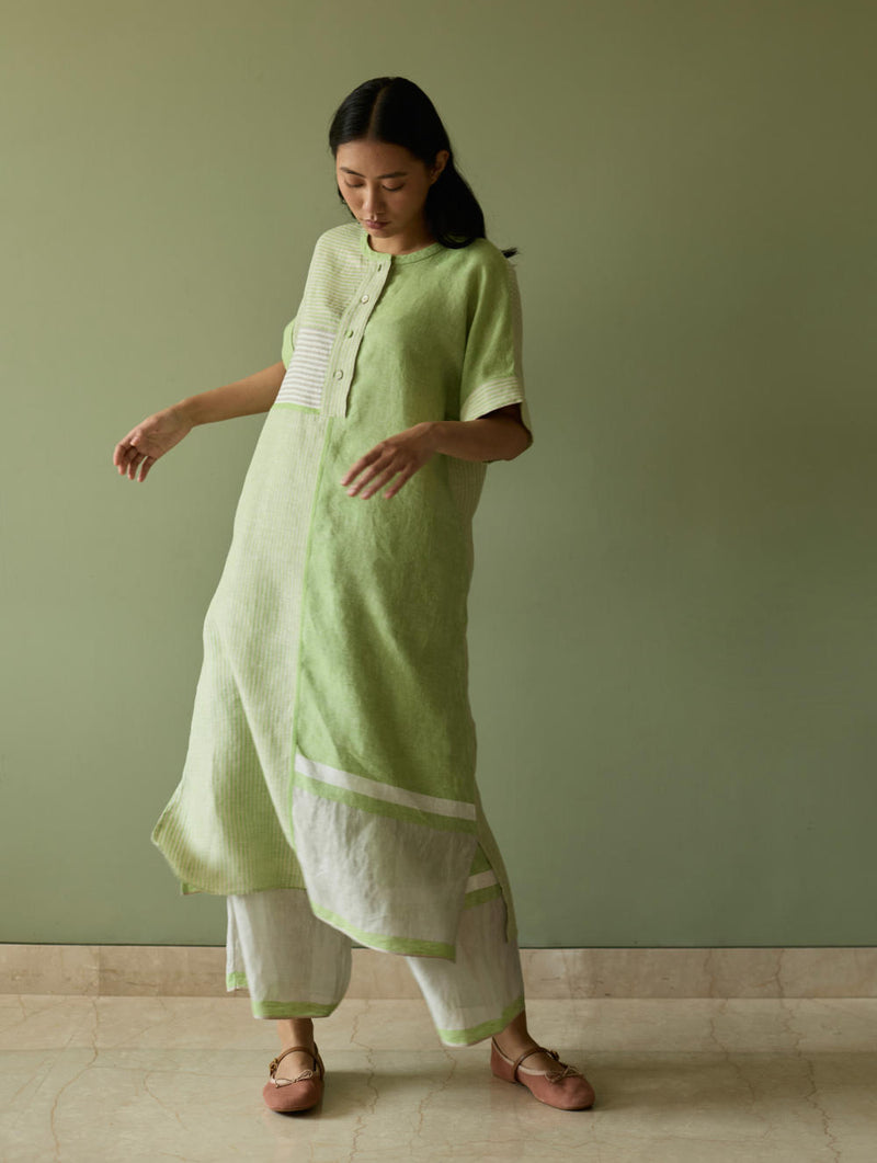Pira Stripe Linen Tunic Kaftan-Meadow linen by Manan in green color for women in Singapore