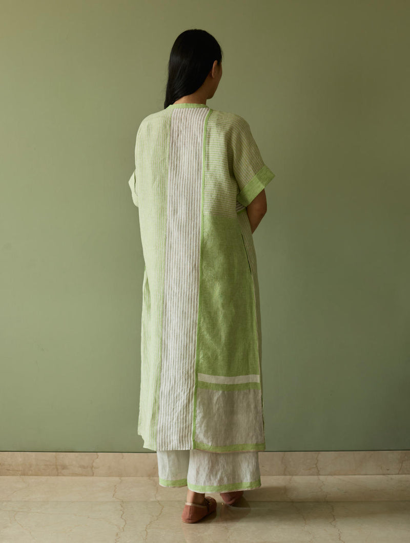 Pira Stripe Linen Tunic Kaftan-Meadow linen by Manan in green color for women in Singapore