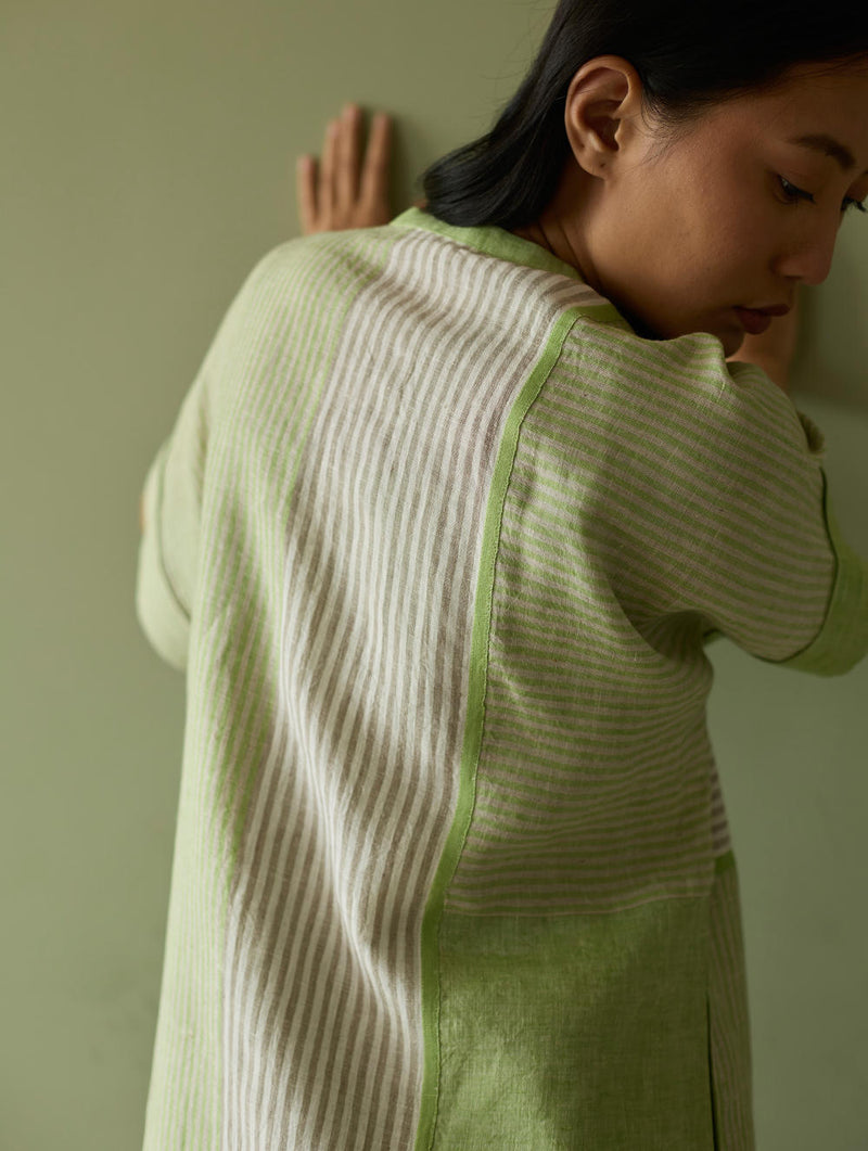 Pira Stripe Linen Tunic Kaftan-Meadow linen by Manan in green color for women in Singapore