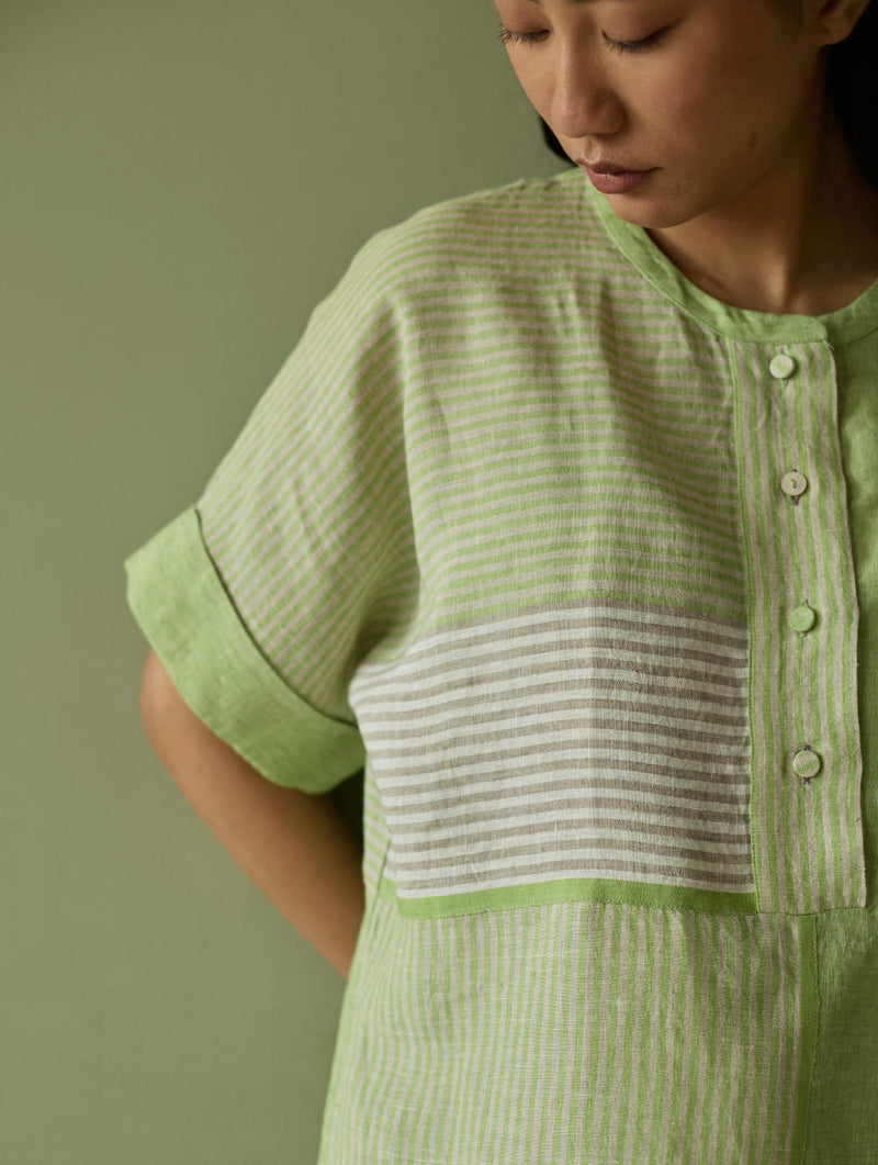 Pira Stripe Linen Tunic Kaftan-Meadow linen by Manan in green color for women in Singapore