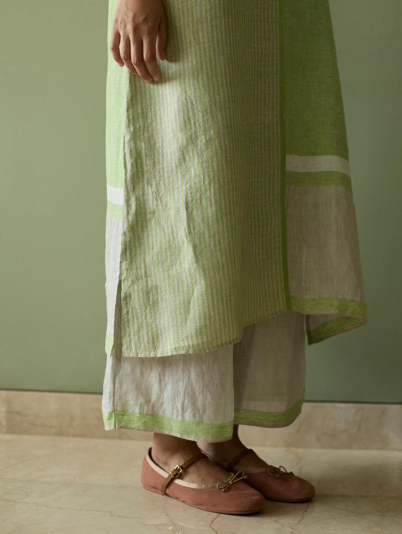 Pira Stripe Linen Tunic Kaftan-Meadow linen by Manan in green color for women in Singapore