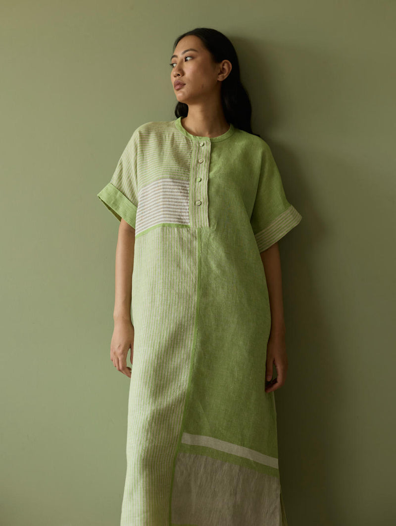 Pira Stripe Linen Tunic Kaftan-Meadow linen by Manan in green color for women in Singapore