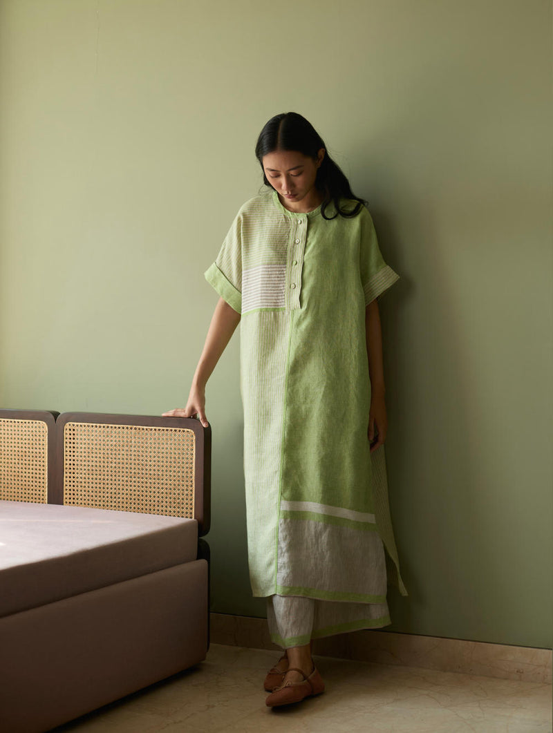 Pira Stripe Linen Tunic Kaftan-Meadow linen by Manan in green color for women in Singapore