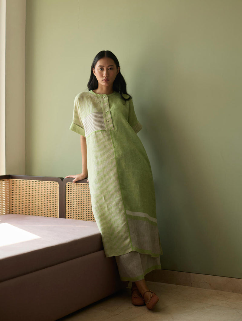 Pira Stripe Linen Tunic Kaftan-Meadow linen by Manan in green color for women in Singapore