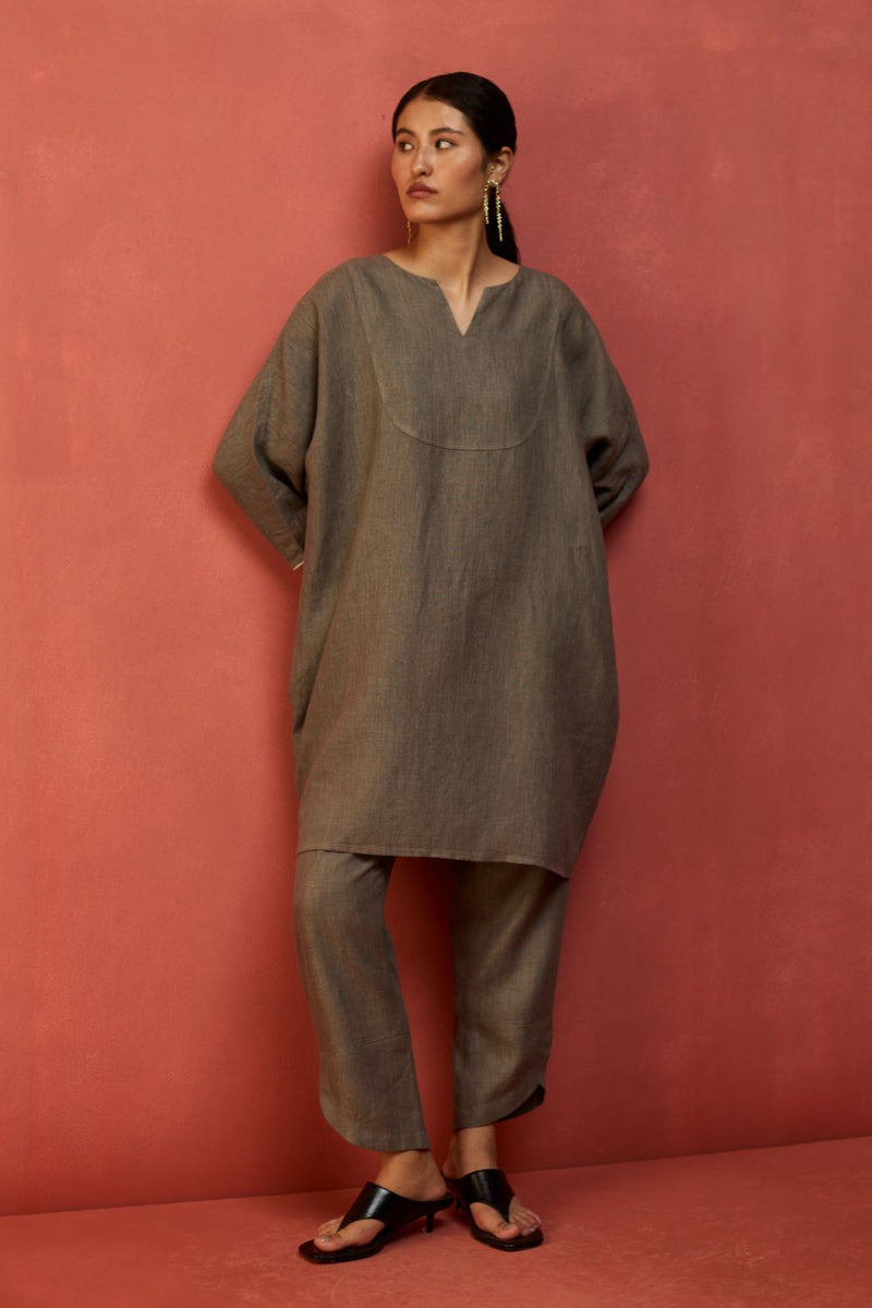 Etsu Yoke Linen Kurta Set - Grey by Manan for in Singapore