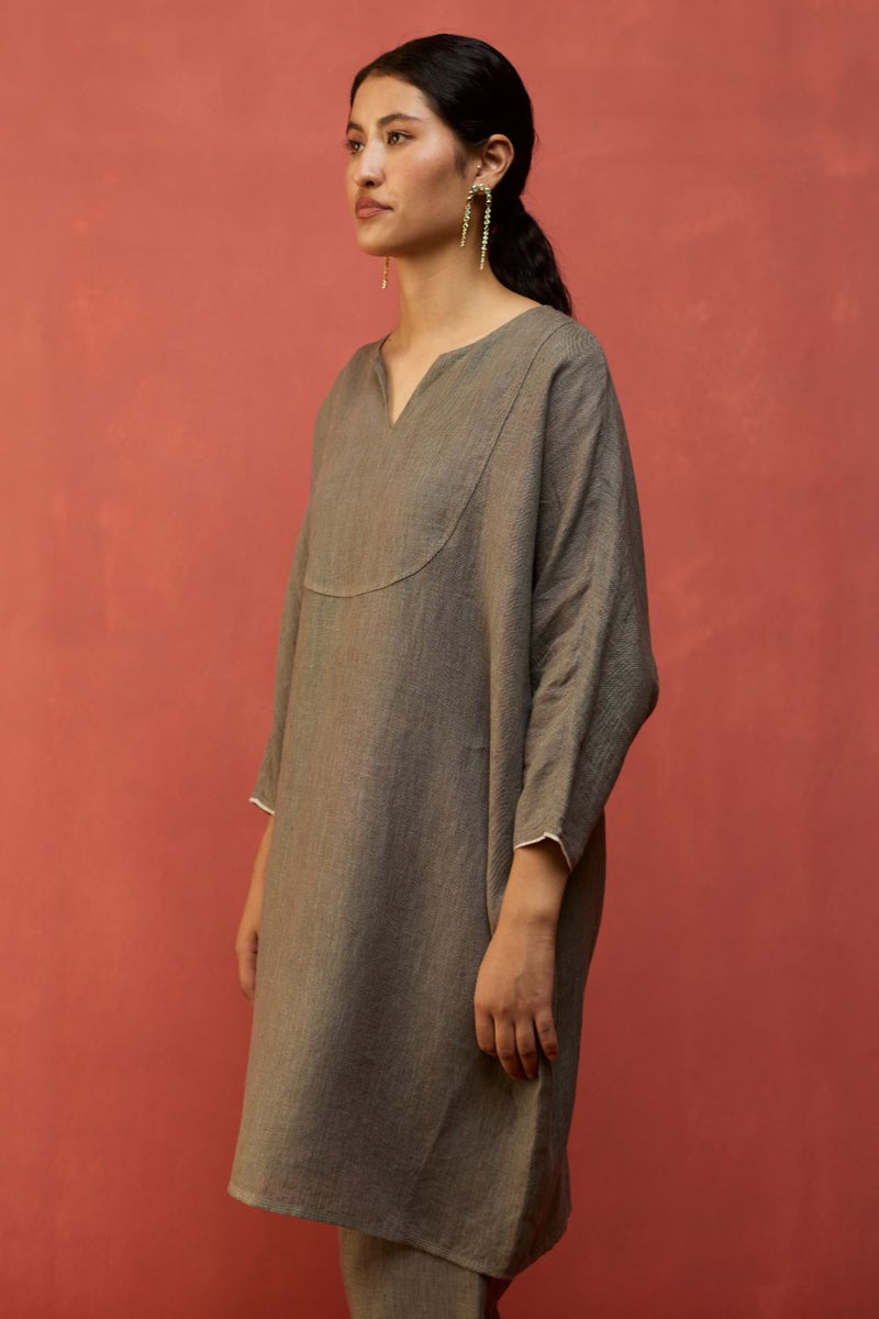 Etsu Yoke Linen Kurta Set - Grey by Manan for in Singapore