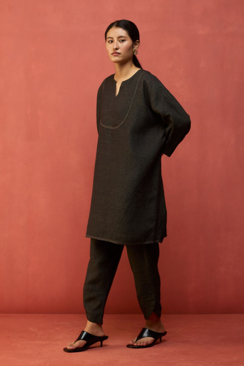 Etsu Yoke Linen Kurta Set - Grey by Manan for in Singapore