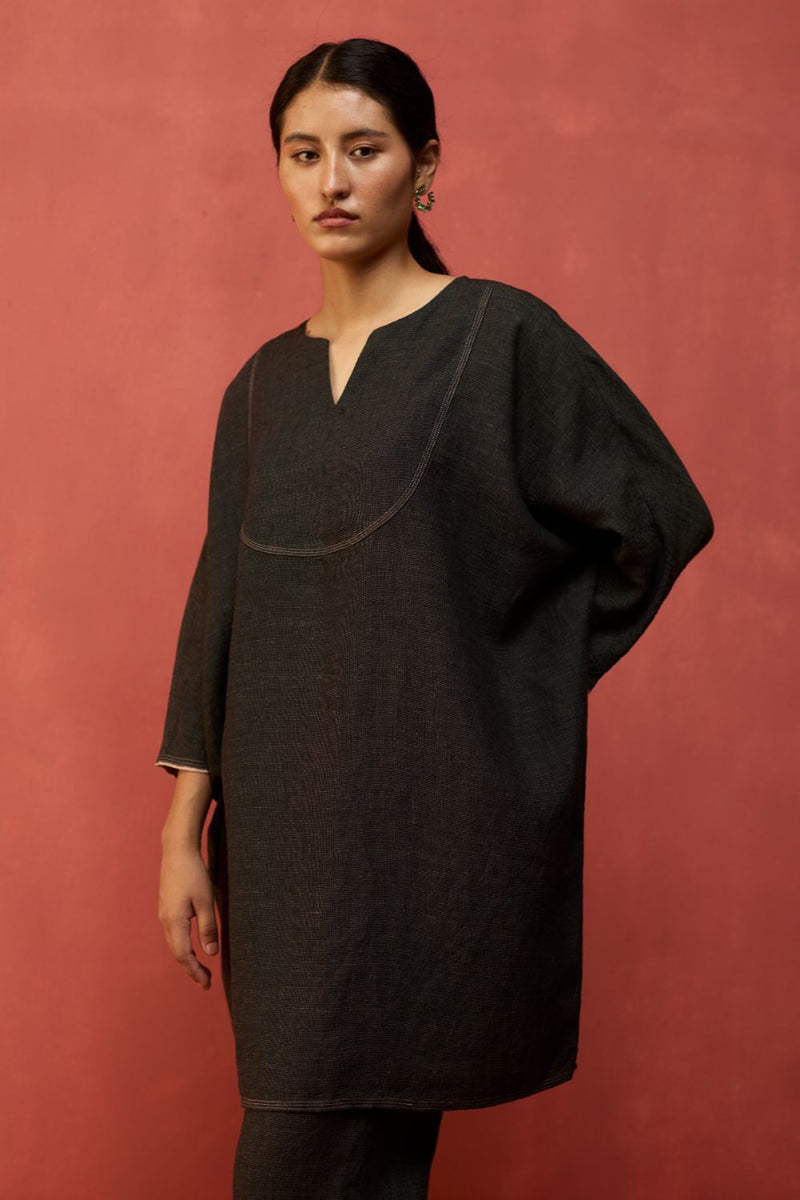 Etsu Yoke Linen Kurta Set - Grey by Manan for in Singapore