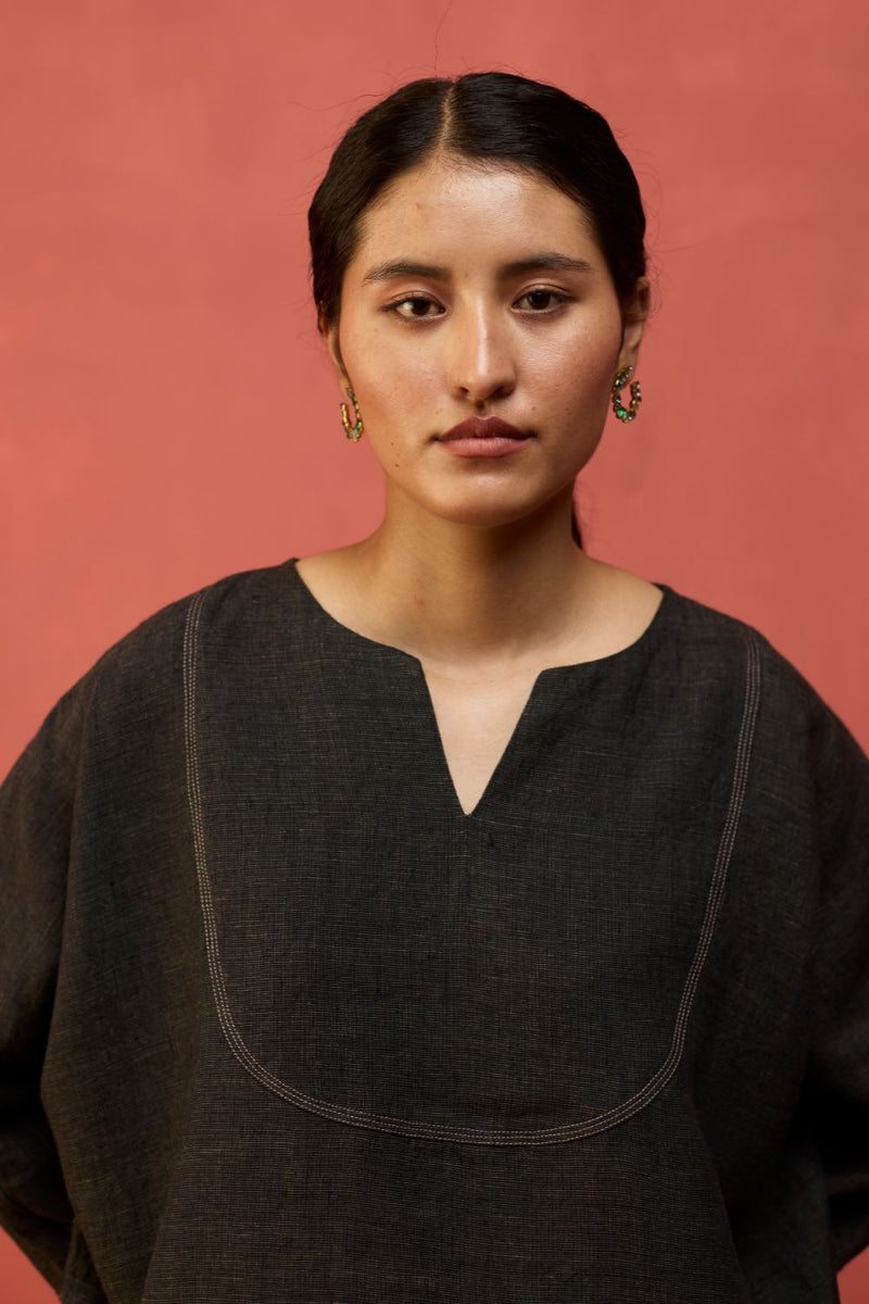 Etsu Yoke Linen Kurta Set - Grey by Manan for in Singapore