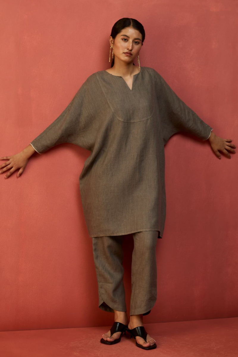 Etsu Yoke Linen Kurta Set - Grey by Manan for in Singapore